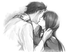  1boy bad_id bad_pixiv_id closed_eyes couple facial_hair female greyscale hand_on_another&#039;s_neck hug jacket lab_coat long_hair lowres makise_kurisu miya_(hooooo) monochrome okabe_rintarou photoshop_(medium) short_hair simple_background steins;gate straight stubble white_background 