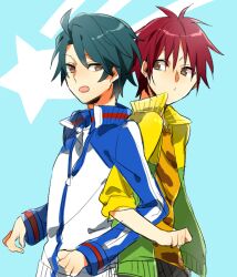  2boys back-to-back bad_id bad_pixiv_id blue_hair brown_eyes echizen_ryooma jacket locked_arms male_focus multiple_boys raglan_sleeves red_hair tennis_no_ouji-sama tooru_(jux) tooyama_kintarou 