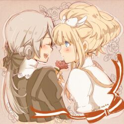  1boy aged_down blonde_hair blue_eyes bow closed_eyes dated dress elisabeth_von_wettin female flower grey_hair hairbow ido_e_itaru_mori_e_itaru_ido isago_(ica) lolicon long_hair maerchen_(sound_horizon) marz_von_ludowing open_mouth ponytail profile red_flower red_rose rose shirt short_ponytail smile sound_horizon striped_clothes striped_shirt vertical_stripes white_dress 