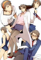  5boys bespectacled black_legwear brown_eyes brown_hair commentary_request crossdressing fate/stay_night fate/tiger_colosseum fate/zero fate_(series) formal garter_straps glasses gym_uniform hairband high_heels kotomine_kirei kotomine_kirei_(businessman) lab_coat male_focus manly multiple_boys multiple_persona necktie one-piece_swimsuit pantyhose pinki_(shounenkakuseiya) school_uniform serafuku shoes suit swimsuit thighhighs 