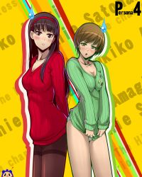  2girls :t alternate_costume amagi_yukiko black_eyes black_hair blush breasts brown_eyes brown_hair cleavage commentary_request green_shirt hairband highres kuma_(persona_4) long_hair medium_breasts multiple_girls no_pants panties panties_under_pantyhose pantyhose persona persona_4 photoshop_(medium) pout ribbed_sweater satonaka_chie shirt shirt_tug short_hair sweatdrop sweater taru_neko thighband_pantyhose underwear v-neck 