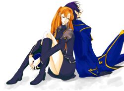  absurdres alternate_costume alternate_outfit black_hair closed_eyes code_geass gloves helmet highres lelouch_lamperouge long_hair orange_hair shirley_fenette short_hair smile zero_(code_geass) 