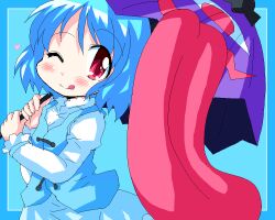  blue_hair blush commentary_request female geetsu jaggy_lines juliet_sleeves karakasa_obake long_sleeves oekaki one_eye_closed puffy_sleeves purple_umbrella red_eyes short_hair smile solo tatara_kogasa tongue touhou umbrella 