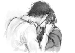  1boy bad_id bad_pixiv_id couple female greyscale hand_on_another&#039;s_neck jacket kissing lab_coat long_hair lowres makise_kurisu miya_(hooooo) monochrome necktie okabe_rintarou photoshop_(medium) short_hair simple_background steins;gate straight white_background 