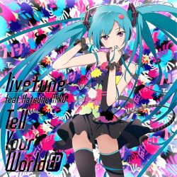  aqua_hair bare_shoulders colorful female hair_ornament hands_up hatsune_miku headset highres holding holding_own_hair long_hair looking_at_viewer mebae microphone official_art purple_eyes shoulder_tattoo skirt solo tattoo tell_your_world_(vocaloid) thighhighs twintails very_long_hair vocaloid wrist_cuffs zettai_ryouiki 