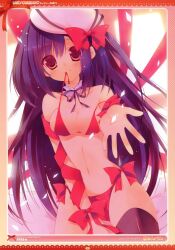  absurdres arm_ribbon bare_shoulders between_thighs bikini bikini_in_mouth black_thighhighs blue_hair breasts cleavage clothes_in_mouth detached_collar female hat highres long_hair looking_at_viewer medium_breasts mouth_hold navel original outstretched_hand red_bikini red_eyes ribbon sakura_hanpen side-tie_bikini_bottom sitting solo strap_slip swimsuit thighhighs untied_bikini 