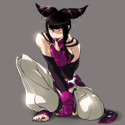  bad_id bad_pixiv_id baggy_pants bare_shoulders black_hair breasts chinese_clothes detached_sleeves dudou female finger_to_mouth fingerless_gloves gloves glowing glowing_eye grey_background hair_horns hair_ornament halterneck juri_han medium_breasts midriff nail_polish ojo_(dfreak) on_one_knee pants purple_eyes solo street_fighter street_fighter_iv_(series) toeless_legwear toenail_polish toenails tongue tongue_out 