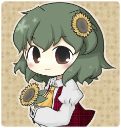  :3 ascot bad_id bad_pixiv_id blush brown_eyes female flower green_hair hair_flower hair_ornament highres kazami_yuuka plaid plaid_vest smile solo sunflower touhou vest yuasan 