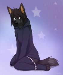  anthro anubian_jackal avoid_posting bow_(disambiguation) canid canine canis female heterochromia jackal keihound kneeling looking_at_viewer mammal solo star 