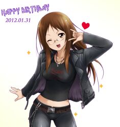  ;d \m/ band_shirt belt breasts brown_eyes brown_hair commentary_request english_text female glasses happy_birthday heart heavy_metal highres jacket k-on! kaiga leather leather_jacket long_hair medium_breasts merchandise midriff one_eye_closed open_mouth pants photoshop_(medium) pince-nez profanity round_teeth seikan_hikou slayer_(band) smile solo teeth yamanaka_sawako 