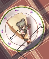  animal_ears basket cheese commentary_request feeding female food foreshortening grey_hair highres incoming_food jewelry mini_person minigirl mouse_ears mouse_tail nazrin pendant plate sitting solo sue_(bg-bros) tail touhou 