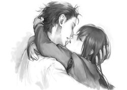  1boy bad_id bad_pixiv_id closed_eyes couple facial_hair female greyscale hug imminent_kiss jacket lab_coat long_hair lowres makise_kurisu miya_(hooooo) monochrome okabe_rintarou photoshop_(medium) short_hair simple_background steins;gate straight stubble white_background 