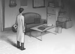  1boy bad_id bad_pixiv_id greyscale lab_coat lowres male_focus miya_(hooooo) monochrome okabe_rintarou photoshop_(medium) steins;gate 