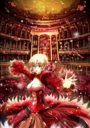  aestus_domus_aurea ahoge blonde_hair breasts chinese_commentary cleavage commentary_request dress epaulettes fate/extra fate_(series) female green_eyes hair_ribbon jianren medium_breasts nero_claudius_(fate) nero_claudius_(fate/extra) outstretched_arms panties petals ribbon see-through solo theater underwear 