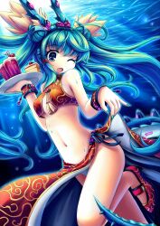  alternate_costume aqua_eyes aqua_hair bracelet cake commentary_request double_bun female food hair_bun hatsune_miku highres hoshi_no_gen jewelry leg_lift long_hair musical_note navel no_nose one_eye_closed open_mouth solo tray underwater vocaloid 