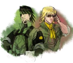  2boys ascot bandana barnaby_brooks_jr. big_boss big_boss_(cosplay) blonde_hair brown_eyes brown_hair camouflage commentary_request cosplay eyepatch facial_hair glasses green_eyes ikuyoan kaburagi_t._kotetsu kazuhira_miller kazuhira_miller_(cosplay) look-alike male_focus metal_gear_(series) military military_uniform multiple_boys parody stubble sunglasses tiger_&amp;_bunny uniform 