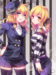  2girls :q bad_id bad_pixiv_id bare_shoulders black_legwear blonde_hair blue_eyes blush bow braid breasts cosplay dual_persona guard hair_ribbon hairbow hand_on_own_hip hat jacket kirisame_marisa licking_lips medium_breasts meronpanna_(mikoniito) miniskirt multiple_girls off_shoulder ponytail prisoner red_eyes ribbon shirt skirt smile striped_clothes striped_shirt thighhighs tongue tongue_out touhou uniform zettai_ryouiki 