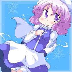  apron bloomers blue_background blush cape chibi commentary_request female geetsu hand_on_own_chest hat jaggy_lines letty_whiterock light_purple_hair oekaki open_mouth purple_eyes short_hair simple_background skirt smile snowflakes solo touhou underwear 