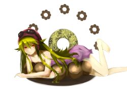  bad_id bad_pixiv_id blonde_hair doughnut female food gochiwa goggles goggles_on_head hat helmet legs long_hair lying monogatari_(series) nisemonogatari oshino_shinobu red_eyes solo 