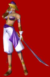  3d baggy_pants bandana blonde_hair bra female female jewelry legaia_2_duel_saga legaia_densetsu lingerie lowres mystic natsumi_arisawa official_art pants pirate plain_background red_background sharon sharon_blade shirtless shoes simple_background solo sword underwear weapon 