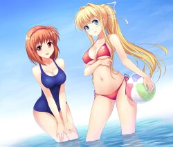  2girls air_(visual_novel) atomix ball bare_shoulders beachball bikini blonde_hair blue_eyes blue_sky breasts brown_eyes brown_hair cleavage commentary company_connection crossover day english_commentary hair_intakes hair_ribbon hairband heart kamio_misuzu kanon key_(company) leaning_forward long_hair looking_at_viewer medium_breasts multiple_girls navel one-piece_swimsuit photoshop_(medium) ponytail red_bikini ribbon school_swimsuit side-tie_bikini_bottom sky smile swimsuit tsukimiya_ayu wading water 