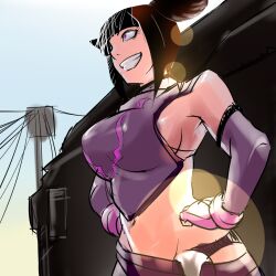  bad_id bad_pixiv_id bare_shoulders black_hair breasts chinese_clothes crop_top detached_sleeves drill_hair dudou evil_grin evil_smile female fingerless_gloves gloves grin groin halterneck hands_on_own_hips juri_han large_breasts midriff navel ojo_(dfreak) purple_eyes short_hair sideboob smile solo street_fighter street_fighter_iv_(series) twin_drills 