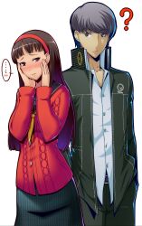  ... 1boy ? amagi_yukiko aran_sweater black_hair blush cable_knit cardigan commentary_request couple female grey_eyes grey_hair hairband hands_on_own_face highres narukami_yuu persona persona_4 photoshop_(medium) school_uniform straight sweater taru_neko 