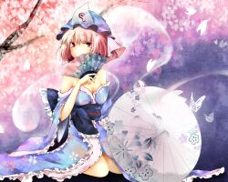  cleavage japanese_clothes petals pink_hair rokusai saigyouji_yuyuko short_hair touhou 