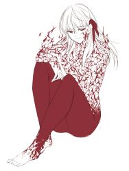  alternate_costume bad_id bad_pixiv_id barefoot cocopps dark_sakura fate/stay_night fate_(series) female fire hair_ribbon long_hair matou_sakura monochrome red_eyes red_theme ribbon sitting smile solo spot_color tattoo white_hair 