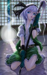  bad_id bad_pixiv_id belt black_hairband blue_eyes cherry_blossoms collarbone dress dress_shirt female fingerless_gloves futon gloves hair_ribbon hairband hijikawa_arashi hitodama katana konpaku_youmu konpaku_youmu_(ghost) moonlight petals ribbon scabbard sheath sheathed shirt short_hair short_sleeves sitting socks solo sword tatami tongue touhou vest wariza weapon white_hair 