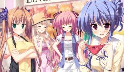  4girls :o bad_link belt blue_hair blush bow bra braid breasts brown_hair cleavage closed_eyes crossed_arms dress frown game_cg green_eyes hair_intakes hair_ribbon hat highres holding holding_clothes holding_panties holding_underwear kamiyagi_ruriko kitamikado_ayaka lingerie long_hair medium_breasts multiple_girls open_mouth panties pink_hair ponytail princess_evangile red_eyes red_panties ribbon rousen&#039;in_rise saeki_nao sagisawa_chiho shop short_hair small_breasts smile steepled_fingers twintails underwear vest white_hair 