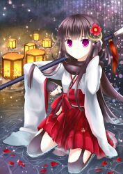  adjusting_hair black_hair black_thighhighs commentary_request female fingerless_gloves flower gloves hair_flower hair_ornament highres horns inu_x_boku_ss japanese_clothes kneeling lantern lantern_on_liquid long_hair over_shoulder paper_lantern petals polearm puracotte purple_eyes shirakiin_ririchiyo smile solo spear thighhighs water weapon wet 