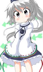  blush commentary_request female geetsu grey_eyes grey_hair hat jaggy_lines japanese_clothes kariginu long_hair long_sleeves mononobe_no_futo oekaki pom_pom_(clothes) ponytail sleeves_past_fingers sleeves_past_wrists solo touhou wide_sleeves 