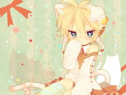  1boy ahoge animal_costume animal_ears bad_id bad_pixiv_id bell biting biting_clothes blonde_hair blue_eyes blush buttons cat_costume cat_ears cat_tail detached_collar detached_sleeves heart highres kagamine_len kneehighs looking_at_viewer male_focus oerba_yun_fang otoko_no_ko ribbon socks solo striped_clothes striped_socks tail touyama_soboro vocaloid 