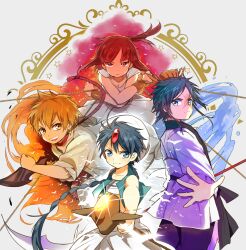  3boys aladdin_(magi) ali_baba_saluja bad_id bad_pixiv_id bird blonde_hair blue_eyes chains female fire grey_eyes kitsuta magi_the_labyrinth_of_magic morgiana multiple_boys red_eyes red_hair ren_hakuryuu scar turban wind yellow_eyes 