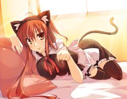  :p animal_ears asymmetrical_hair bed bed_sheet black_thighhighs blush breasts brown_eyes brown_hair cat_ears cat_tail commentary_request female large_breasts light_rays looking_at_viewer lying maid nanakase_yui nekonade_distortion photoshop_(medium) pillow solo sunbeam sunlight t-ray tail thighhighs tongue tongue_out window 