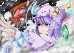  bad_id bad_pixiv_id blue_eyes crescent crystal dress female hat highres jin&#039;yoku-gyo long_hair outstretched_arm painttool_sai_(medium) patchouli_knowledge philosopher&#039;s_stone purple_hair ribbon solo touhou 