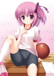  ball basketball_(object) bike_shorts black_shorts blush commentary_request female gym_uniform minato_tomoka photoshop_(medium) purple_eyes purple_hair ribbon rou-kyuu-bu! short_hair shorts side_ponytail sitting solo suzumiya_kazuki 