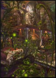  arch book bookshelf border commentary_request dragon grand_piano highres indoors instrument leaf library lights loaded_interior no_humans original overgrown painting_(object) photoshop_(medium) piano pillar plant room scenery sheet_music spire stairs statue tree uchio_kazumasa vines window 