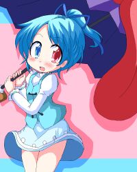  alternate_hairstyle blue_eyes blue_hair blush commentary_request female geetsu hair_ribbon heterochromia jaggy_lines karakasa_obake oekaki open_mouth ponytail purple_umbrella red_eyes ribbon short_hair skirt smile solo tatara_kogasa touhou umbrella 