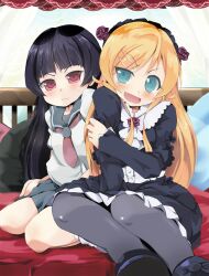  2girls bed black_hair blue_eyes commentary_request cosplay costume_switch gokou_ruri gothic_lolita highres kousaka_kirino kousaka_kirino&#039;s_school_uniform lolita_fashion long_hair mole mole_under_eye multiple_girls oerba_yun_fang orange_hair ore_no_imouto_ga_konna_ni_kawaii_wake_ga_nai pantyhose photoshop_(medium) rakkogawa_rinro red_eyes school_uniform serafuku 