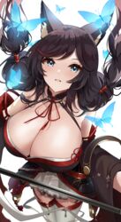  absurdres animal_ear_fluff animal_ears azur_lane bare_shoulders blue_butterfly blue_eyes breasts brown_hair brown_kimono bug burnt_clothes butterfly cleavage commentary_request female from_above fusou_(azur_lane) fusou_(meta)_(azur_lane) highres holding holding_polearm holding_weapon huge_breasts japanese_clothes kimono looking_at_viewer looking_up polearm simple_background skirt solo thighhighs twintails weapon white_background white_skirt white_thighhighs wide_sleeves yamaha_tsui 