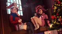  2girls 3d absurdres aliasing alternate_costume blue_scarf brown_hair christmas christmas_tree closed_eyes company_connection crossover cup dress fur-trimmed_headwear fur_trim gift grin hat highres holding holding_cup indoors john_doe_(jdart) kagari_atsuko little_witch_academia luluco medium_hair mixed_media multiple_girls pink_sweater red_eyes red_headwear red_sweater santa_hat scarf short_hair side_ponytail smile steam sweater sweater_dress teeth thighhighs trigger_(company) uchuu_patrol_luluco window 