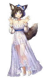  animal_ears bare_legs bare_shoulders bead_bracelet beads black_hair bracelet braid breasts brown_hair chains cleavage cleavage_cutout clothing_cutout commentary contrapposto cross-laced_footwear dress embroidered_skirt female floral_embroidery floral_print flower fox_ears fox_girl fox_tail full_body glasses gold hair_flower hair_ornament hairband hands_up high_heels highres jewelry knees lace-trimmed_dress lace_trim large_breasts long_dress necklace official_art palms panicking pearl_necklace qurare_magic_library ring see-through see-through_skirt see-through_skirt_layer simple_background skirt solo standing strapless strapless_dress sweatdrop symbol-only_commentary tail tareme toe_cleavage underbust wavy_mouth white_background white_dress white_footwear whoisshe 