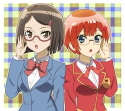  2girls :o adjusting_eyewear blazer blue_eyes blunt_ends bokutachi_wa_benkyou_ga_dekinai bow breasts brown-framed_eyewear brown_eyes brown_hair crossover hair_ornament hairclip houkago_saikoro_club jacket long_sleeves medium_breasts multiple_girls ogata_rizu onomekaman oono_midori orange_hair plaid plaid_background red_bow school_uniform season_connection semi-rimless_eyewear short_hair simple_background standing tomita_miyu trait_connection upper_body voice_actor_connection 