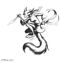  2020 anthro black_nose canid canine clothed clothing crouching female fox hi_res holding_object holding_weapon jumping kekpafrany knife mammal monochrome scarf simple_background solo traditional_media_(artwork) weapon white_background 