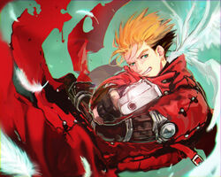  1boy 830_(hamio) aiming aiming_at_viewer black_gloves blonde_hair clenched_teeth coat commentary_request feathers gloves green_eyes gun handgun highres holding holding_gun holding_weapon long_coat looking_at_viewer male_focus partially_fingerless_gloves red_coat revolver short_hair solo spiked_hair teeth trigun vash_the_stampede weapon wings 