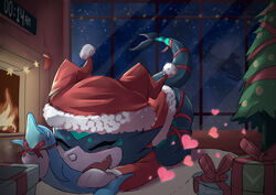  anthro bandai_namco blue_body blue_tail box christmas christmas_clothing christmas_gift christmas_headwear christmas_tree closed_eyes clothed clothing container digimon digimon_(species) duo fan_character fire gift_box happy hat headgear headwear holidays inside night open_mouth plant red_clothing santa_hat shoru shoru_(character) tail teeth tree veemon white_body window 