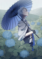  1boy black_gloves black_pants blue_eyes cape dated day flower gloves hydrangea looking_to_the_side male_focus oil-paper_umbrella outdoors over_shoulder pants photoshop_(medium) rain solo sorges standing touken_ranbu umbrella white_hair yamanbagiri_chougi 