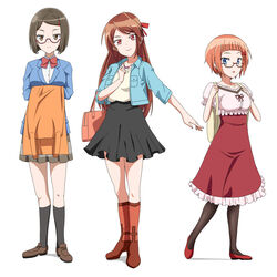  3girls backpack bag black_skirt blazer blue_eyes blue_jacket blunt_bangs bokutachi_wa_benkyou_ga_dekinai boots bow breasts brown_eyes brown_footwear brown_hair brown_skirt glasses hairbow handbag hands_up houkago_saikoro_club jacket jewelry kneehighs looking_at_viewer medium_breasts multiple_girls necklace ogata_rizu oono_midori pantyhose pleated_skirt red-framed_eyewear red_bow red_eyes red_footwear red_skirt school_uniform season_connection sekijou_sawako short_hair simple_background skirt small_breasts smile socks swept_bangs tomita_miyu unworn_apron voice_actor_connection white_background yoshida_keiji 